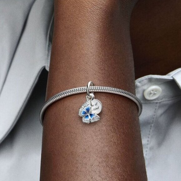 Pandora Blue Butterfly & Quote Double Dangle Charm - Picture 2 of 2